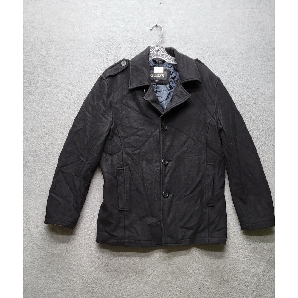 GUESS Men Jacket M Black Polyester Wool Button Long Sleeve